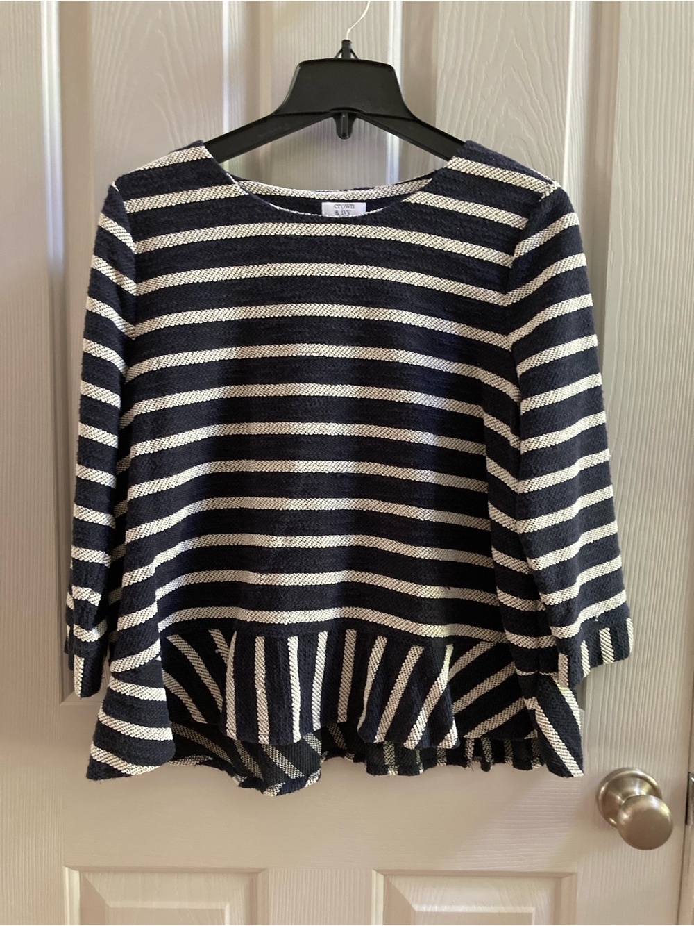 EUC Crown and Ivy Striped Navy Peplum Knit Top